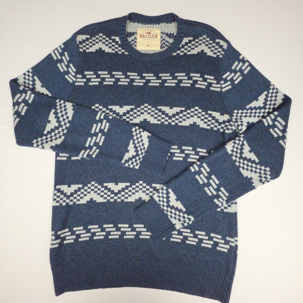 Hollister Fair Isle Crewneck Sweater Mens Size M Blue White Geometric Knit
